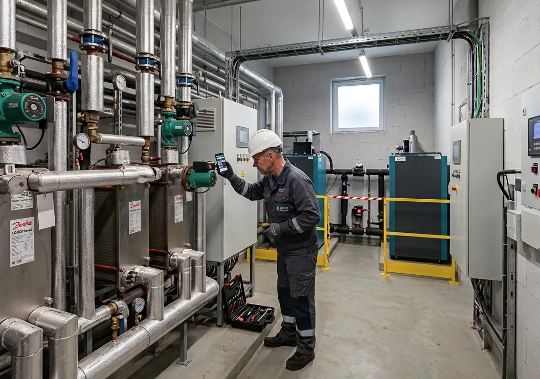 Technik w węźle cieplnym z telefonem przy izolowanych rurach i wymiennikach