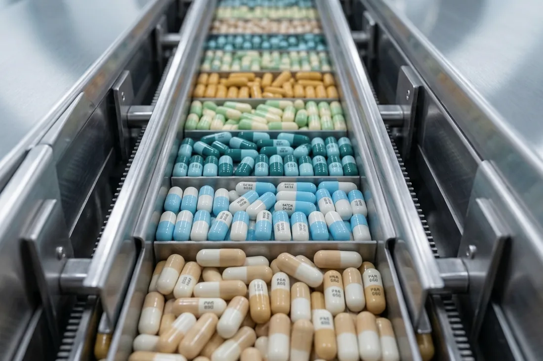 Kapsułki farmaceutyczne na linii produkcyjnej ze stali nierdzewnej