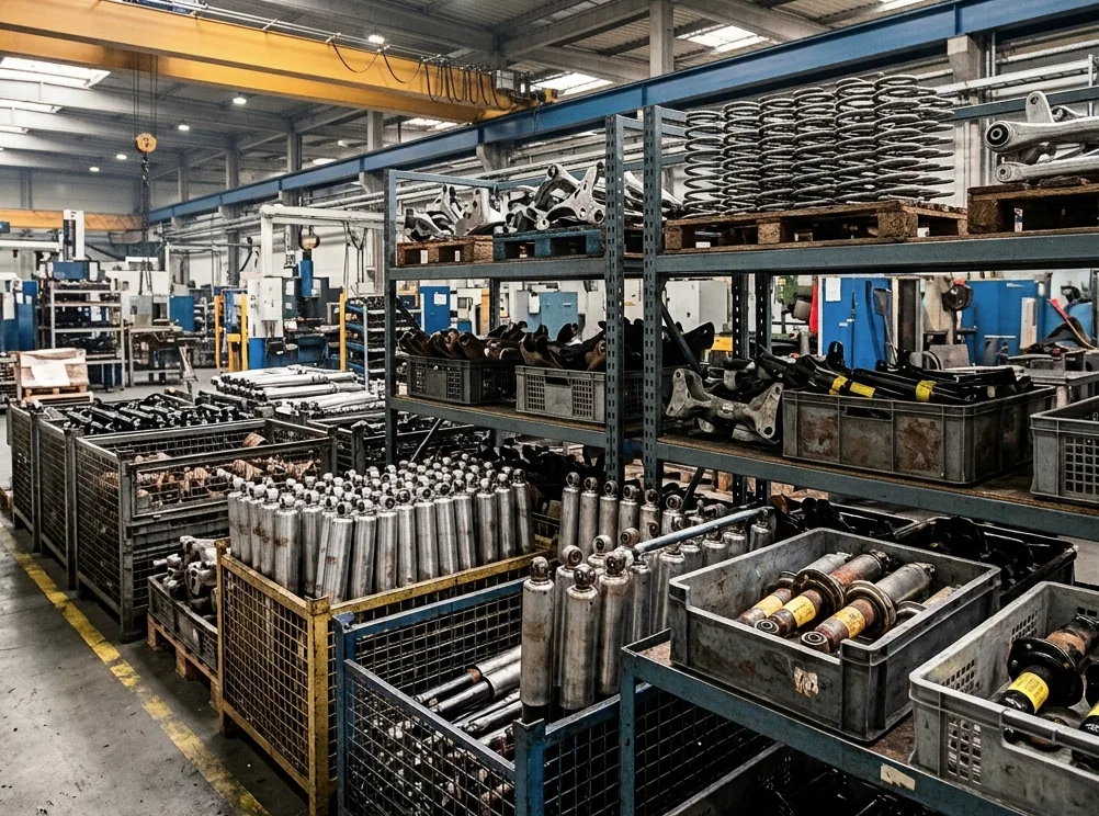 Regały z komponentami automotive na hali produkcyjnej